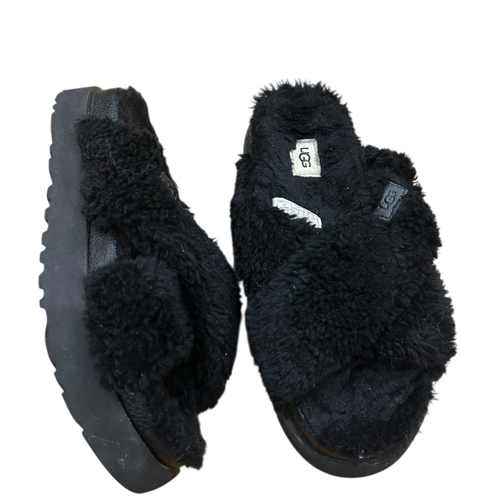 UGG Fuzz Sugar Cross Slide slippers black womens 9